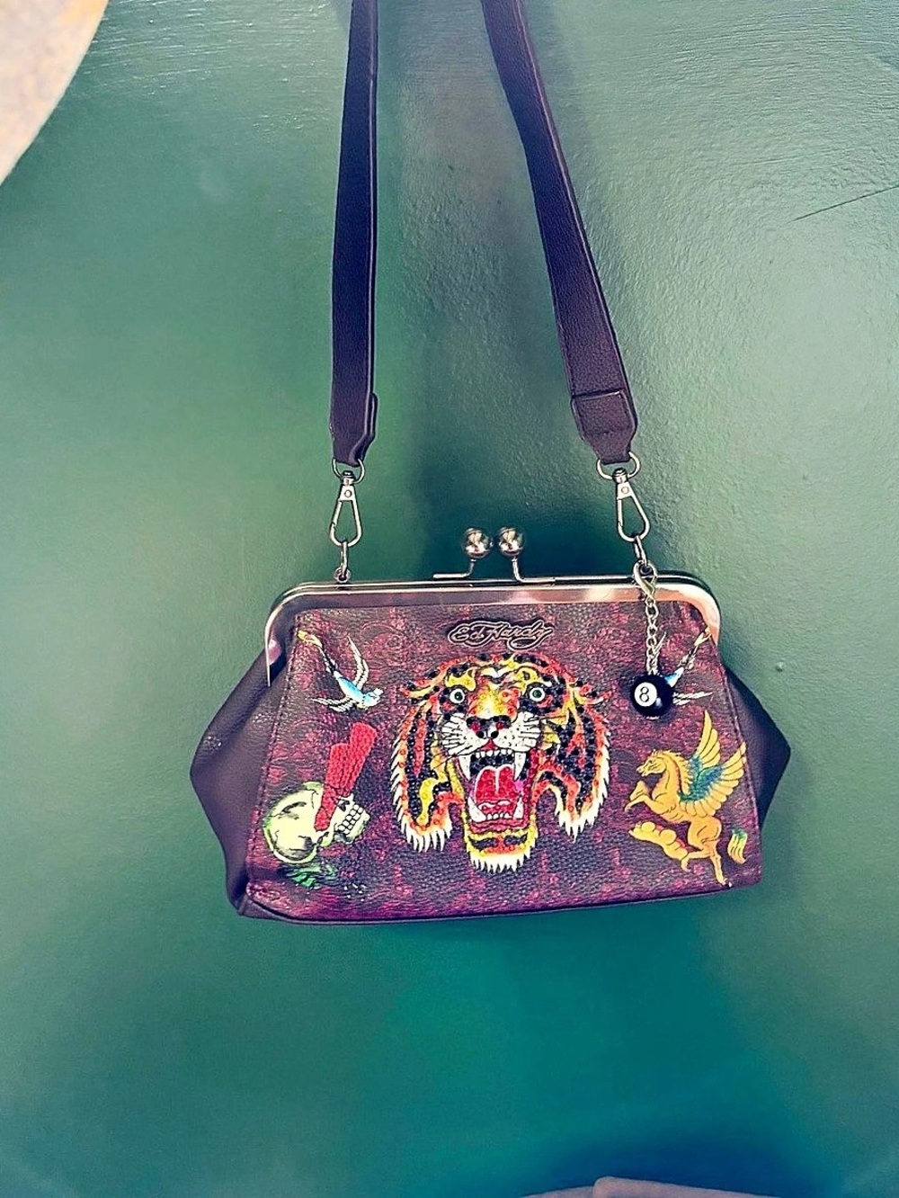 Ed Hardy Tiger Tattoo Kisslock Shoulder Bag Brown & Red